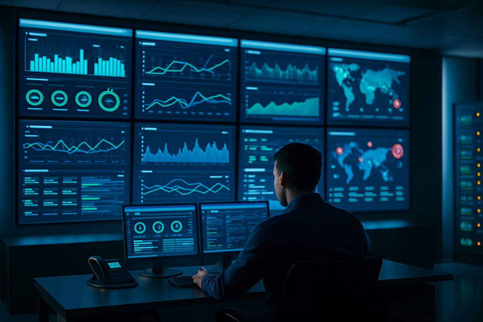 Engineer monitoring IT systems dashboard with an alert on a laptop; proactive managed IT support.